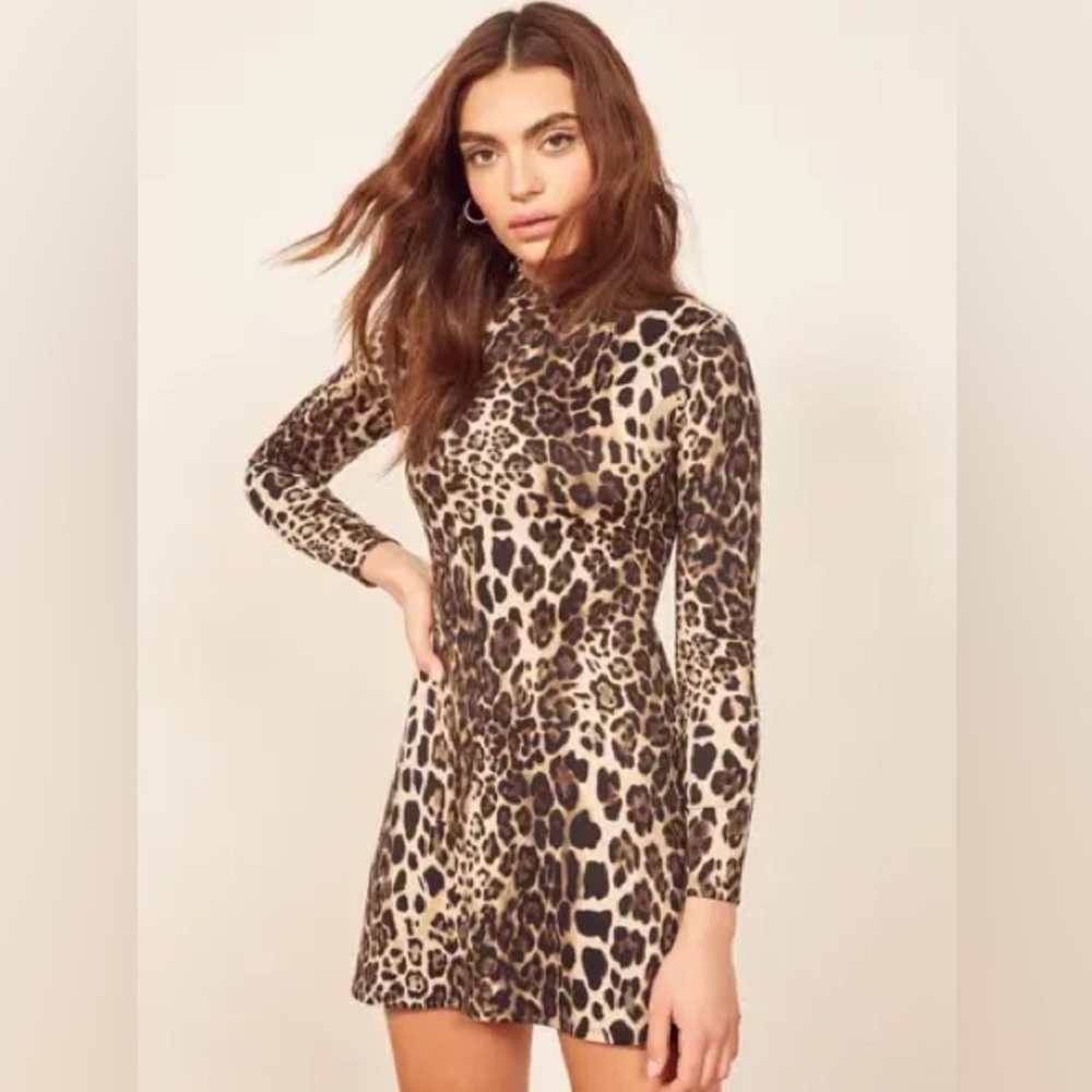 Reformation Women's Sz S Flash Mini Dress Leopard Print Mock Neck Long Sleeve